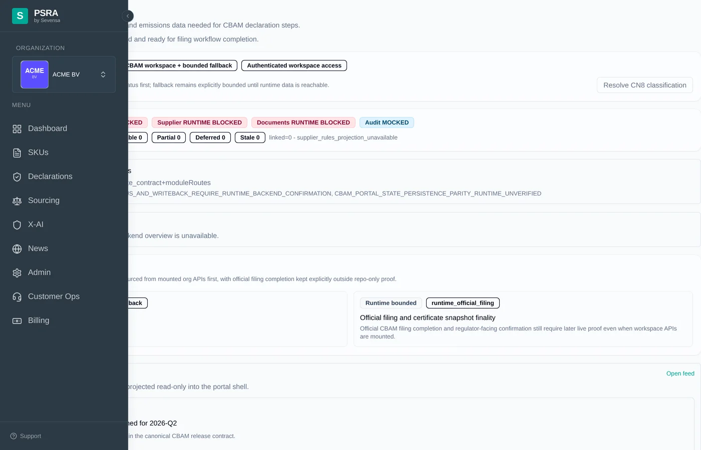 PSRA CBAM workspace with calculator, tasks, and quarterly reporting.