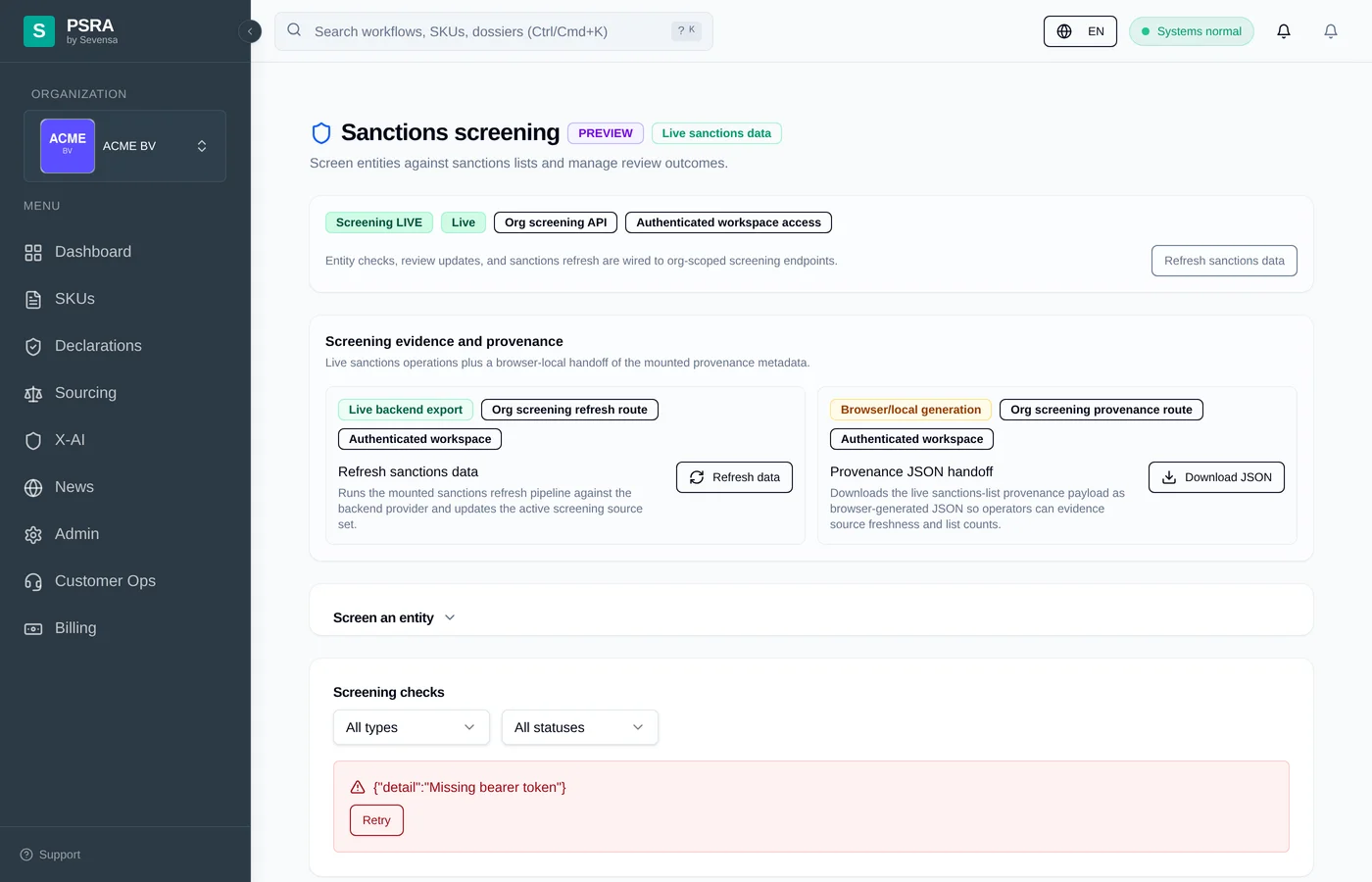PSRA sanctions screening with match results and review workflow.