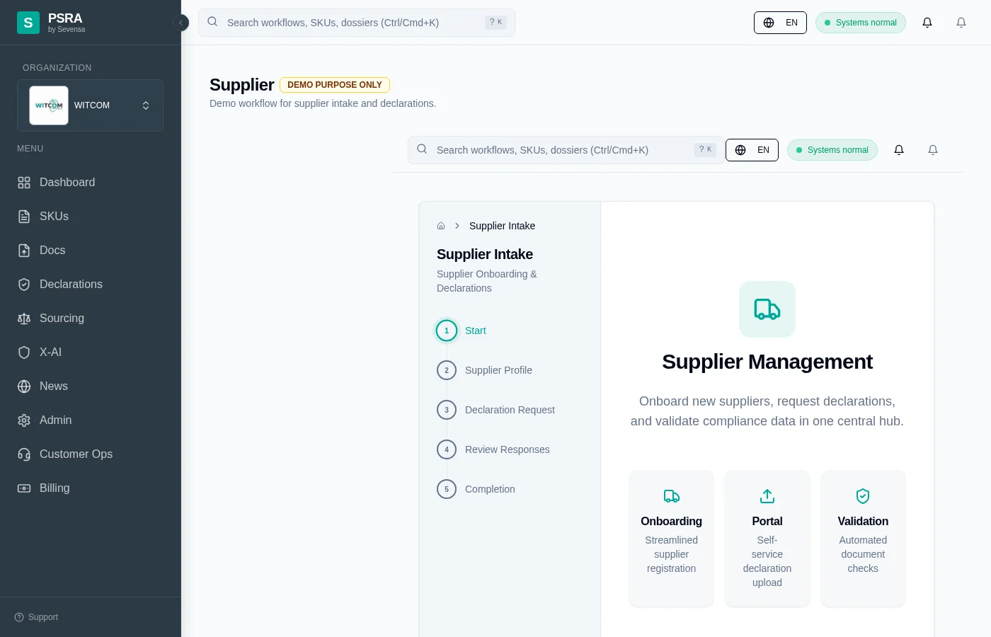 PSRA leveranciersbewijs-workspace met dossierstatus, taken en documentatie.